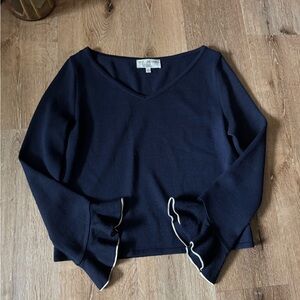 St. John Collection Dark Blue V-Neck Top with Ruffle Sleeves size Women’s 10